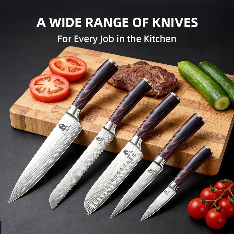Cooluxry Kitchen Knife Set, Chef Knife, Utility Knife & Paring Knife for Precise Cutting, High Carbon Stainless Steel Professional Chef Knife Set with Wooden Handle, Ultra Sharp Blade (5-Piece) - Image 3